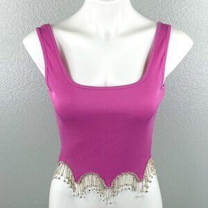 L Leve Pink Scalloped Crop Tank Top With Rhinestone Dangles